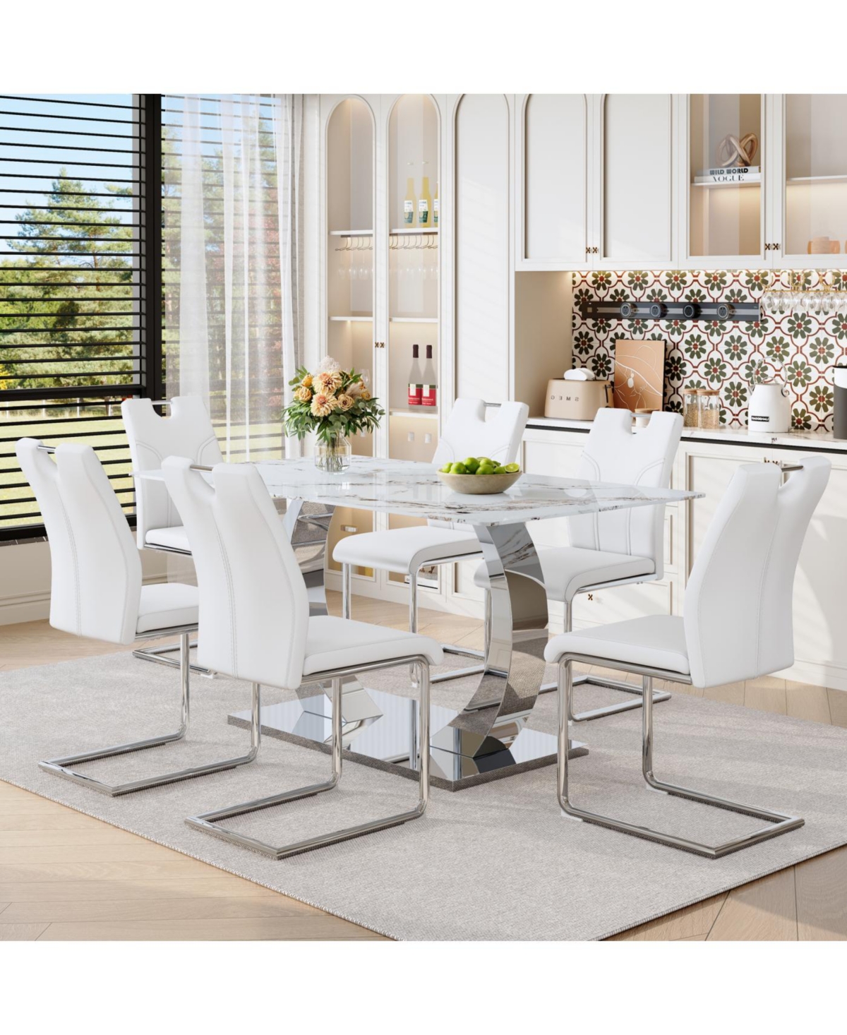 Streamdale Furniture Streamdale Luxury Modern 63" Dining Table Set w/ 6 Chairs, White Glass Top & Steel Base