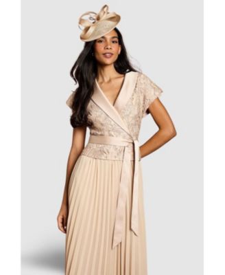 Women's Lace Wrap Top Pleat Tux Midi Dress