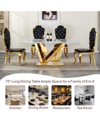 Dining Table for 6, 70" Rectangle Faux Marble w/ Mirrored Stainless Steel Base (Gold, Gray)