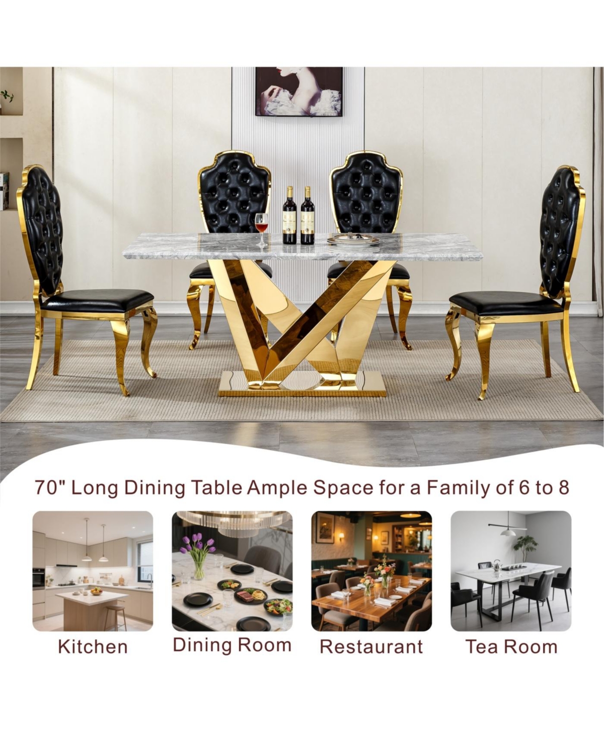 Streamdale FurnitureMarble Dining Table for 6, 70" Rectangle Faux Marble w/ Mirrored Stainless Steel Base (Gold, Gray)