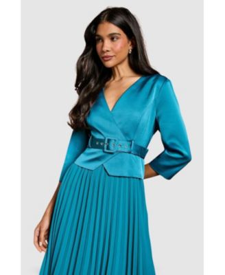 Women's Satin Bodice Pleat Skirt Midi Dress.