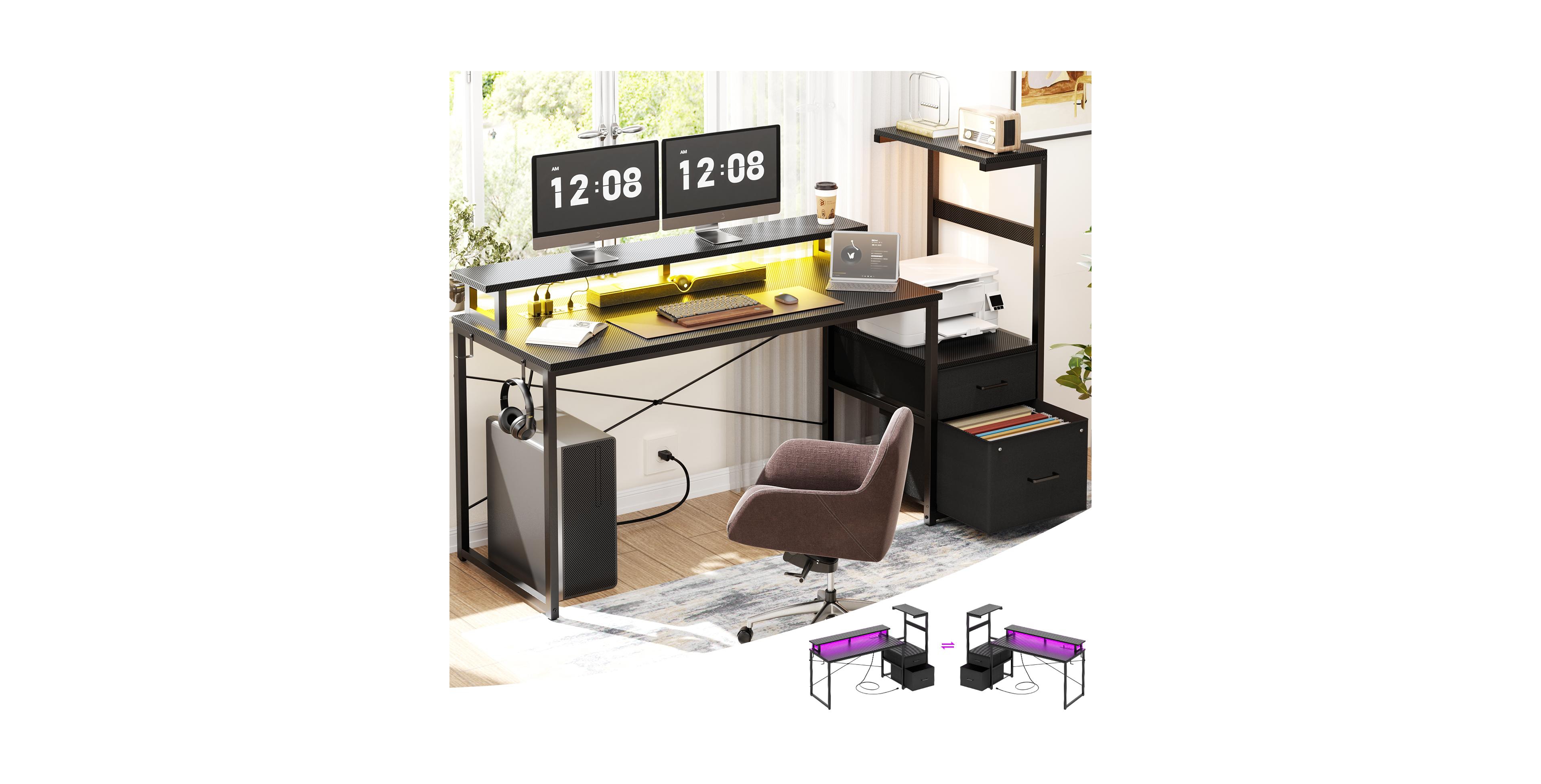 Aheaplus Gaming Desk with Outlets and Led Light, 59'' Reversible Computer File Drawers & Monitor Stand