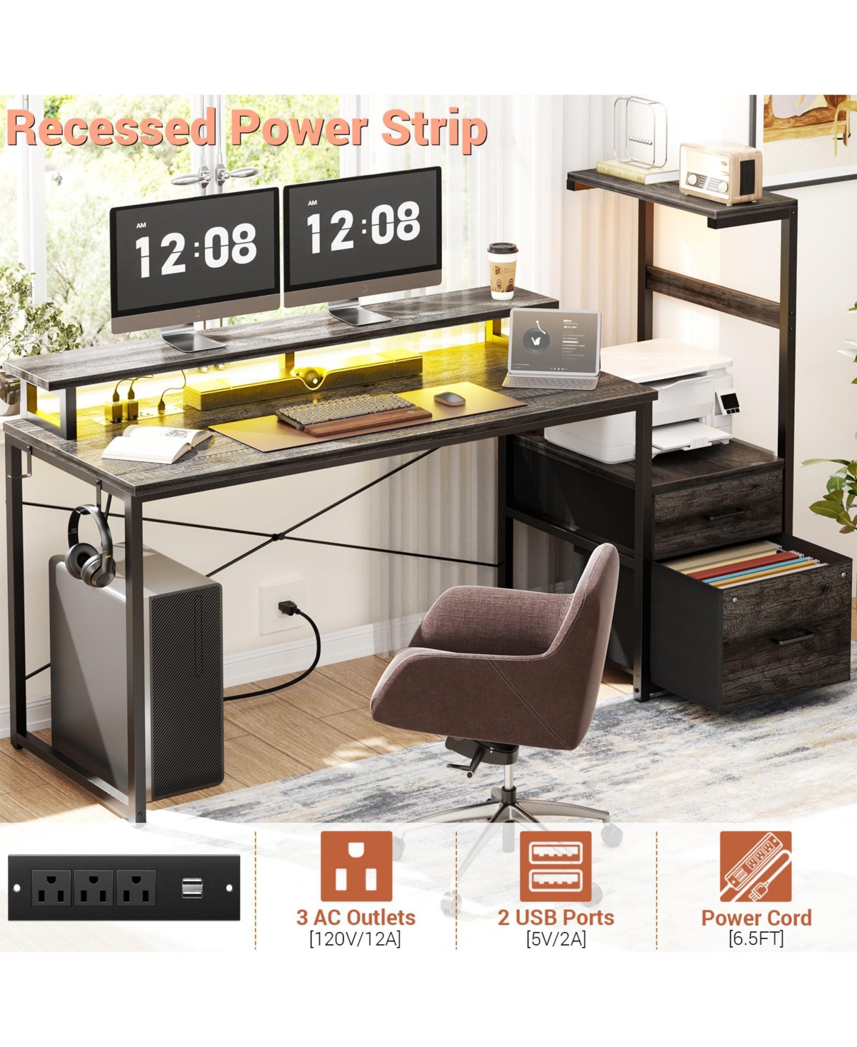 Aheaplus Gaming Desk with Outlets and Led Light, 59'' Reversible Computer File Drawers & Monitor Stand
