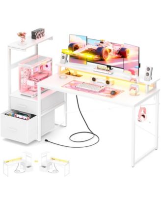 Gaming Desk with Outlets and LED Light, 59'' Reversible Computer Desk with File Drawers & Monitor Stand