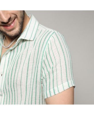 Men's Men's White & Green Unbalanced Striped Woven Shirt