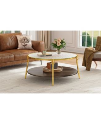 Streamdale Modern Round Walnut Coffee Table with Glass Top & Gold Base