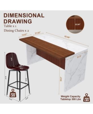 Modern Kitchen Island Set with 2 Bar Stools - White Marble Look, LED Lighting & Grill Design