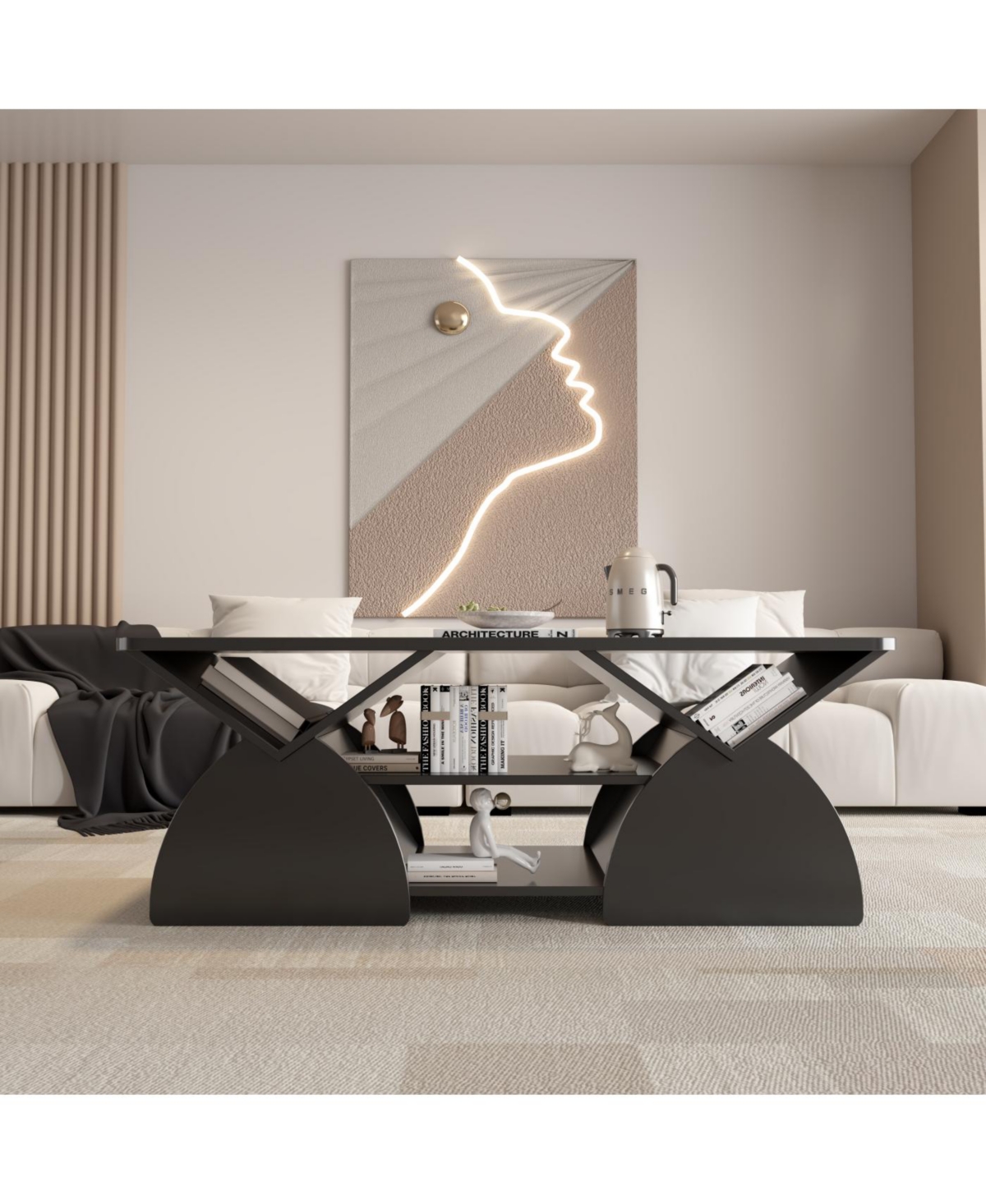 Streamdale Engineered Wood Rounded Corner Rectangular Coffee Table with Open Shelves - Black