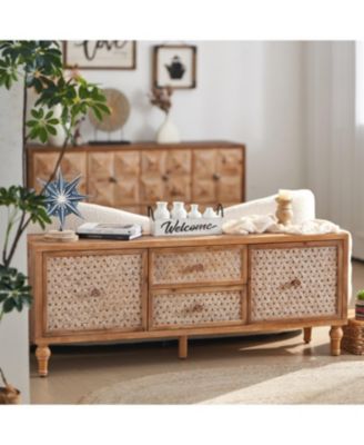 Rattan TV Stand for TVs, Mid Century Boho Entertainment Center