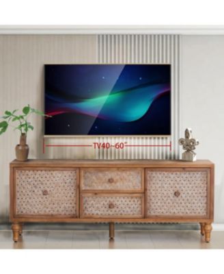 Rattan TV Stand for TVs, Mid Century Boho Entertainment Center