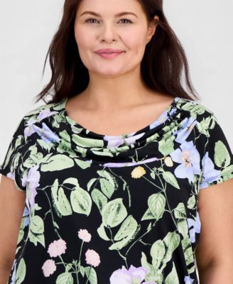 Plus Size Printed Cap-Sleeve Cowl-Neck Top