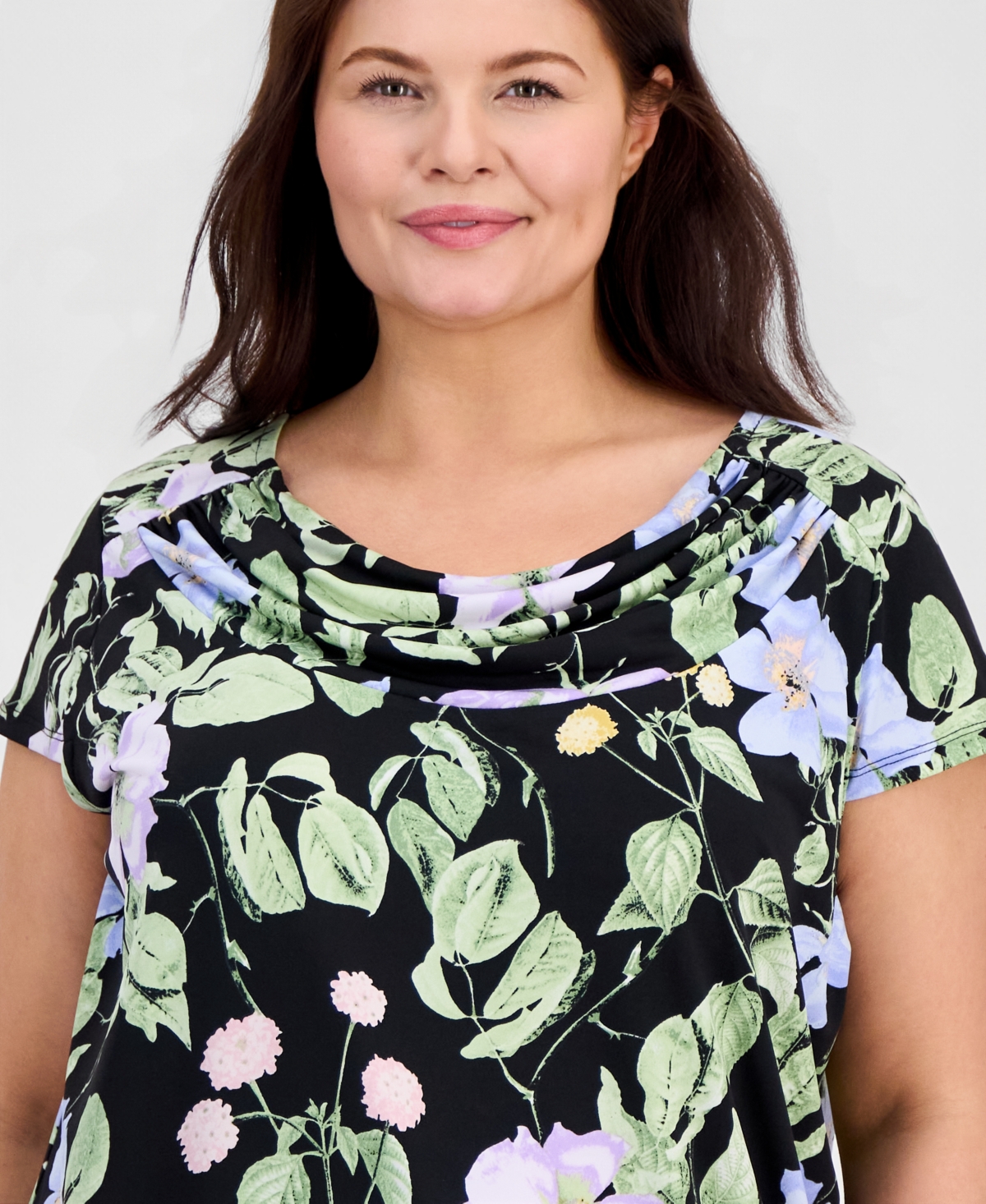 Kasper Plus Printed Cap-Sleeve Cowl-Neck Top