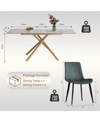 Modern Expandable Dining Table with Retractable Leaf, Stone Top & X-Base, 4 Chairs