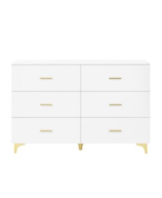 Six drawers, golden straight aluminum handle, golden triangle legs, white locker