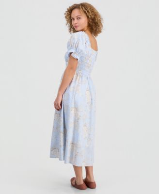 Juniors' Textured Floral Printed Puff-Sleeve Midi Dress