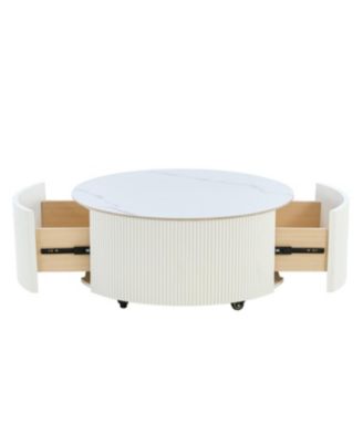 Streamdale Modern Round Coffee Table with Casters & 2 Drawers, White Marble Top