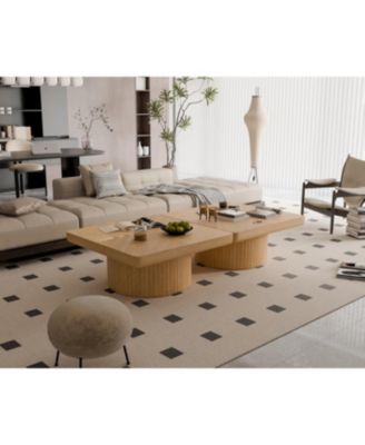 Streamdale 34.6" Square Coffee Table, Modern Wood Veneer Top with Parquet Pattern & Cylindrical Base