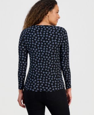 Petite Long-Sleeve Printed Keyhole Top 