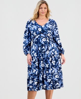Plus Size Printed V-Neck Waist-Trim Dress