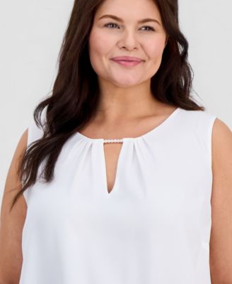 Plus Size Sleeveless Pearl-Trim Blouse