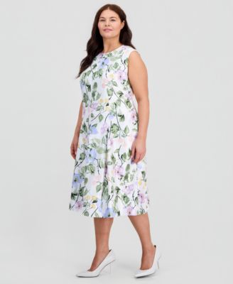Plus Size Floral-Print Box-Pleat Midi Dress