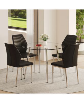  Glass Dining Table Set with 4 Black PU Chairs