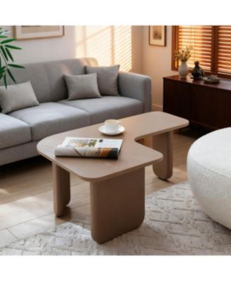 35.43" L-Shape Modern Coffee Table, Multi-layer Green Paint, Khaki