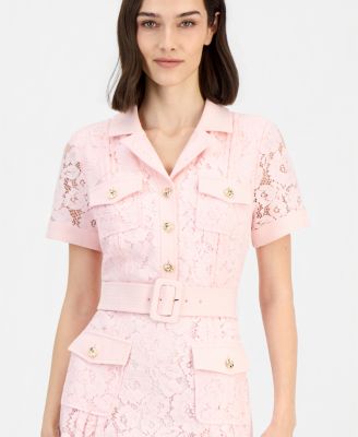 Women's Belted Short-Sleeve Lace Midi Shirt Dress 