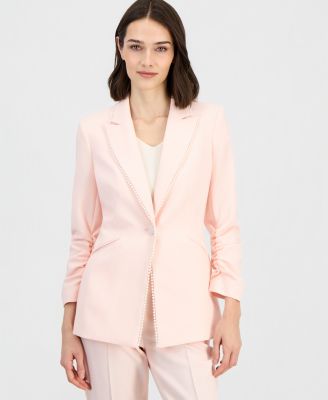 Women's Faux-Pearl-Trim Ruched-Sleeve Blazer