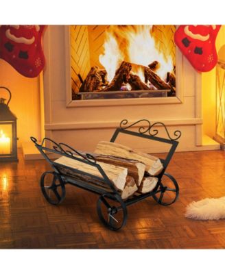 Firewood Rack Decorative Rustproof Steel Fireplace Log Holder with Wheels