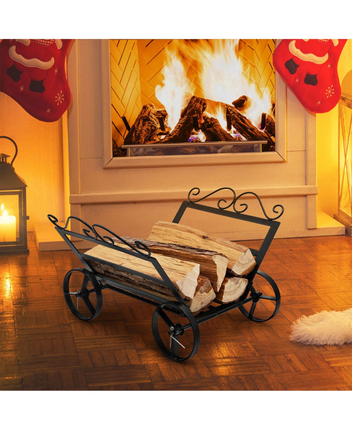 Sugift Firewood Rack Decorative Rustproof Steel Fireplace Log Holder with Wheels