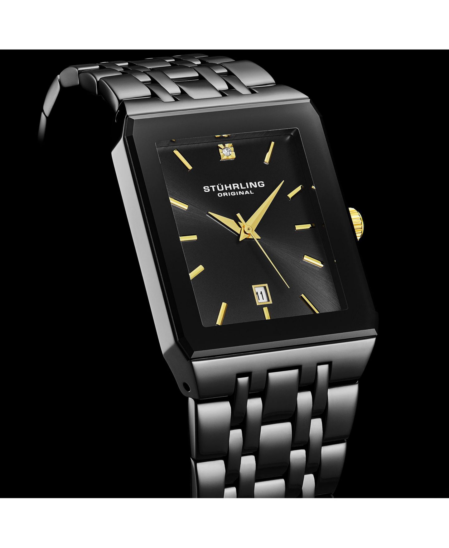Часы Stuhrling Empire Edge Black IP Rectangular 4084 Watch – Gold Accents Quartz Date Krysterna Crystal, цвет: Чёрный — фото 4