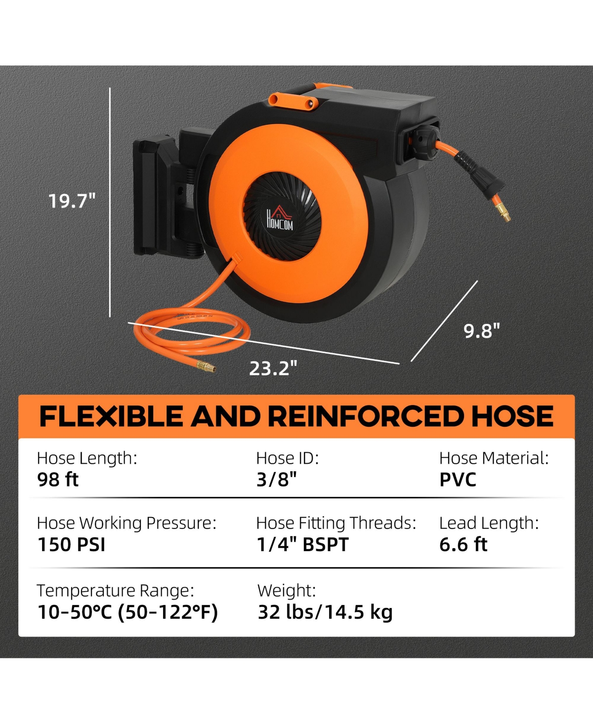 Homcom Retractable Air Hose Reel with Bracket, Auto Rewind Air Hose Reel