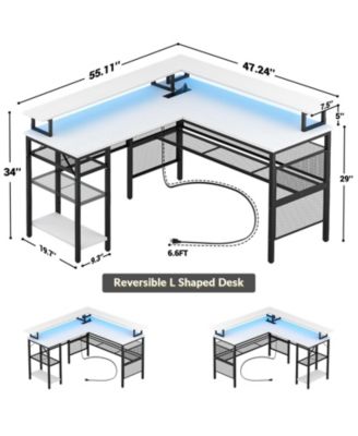 L Shaped Computer Desk with Power Outlets, 55 Inch Corner Desk with LED Lights, Monitor Stand and Shelves, Reversible