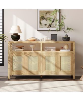 TREXM Bohemian Rattan Buffet Cabinet with Solid Wood Frame 3-Position Shelves and Push-to-Open Design