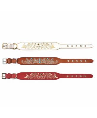 Western Style Full Grain Genuine Leather Embroidered Dog Collar with Pearl or Turquoise Studs
