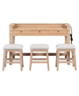 4-Piece Retro Dining Table Set for 3 with 3 Storage Drawers (Natural