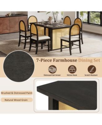 7-Piece Farmhouse Dining Set for 6 - 59.8" Distressed Oak Table & 6 Rattan Chairs