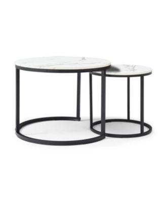  Set of 2 White/Gray Marble Pattern Nesting Coffee Tables with Black Frame
