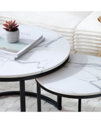  Set of 2 White/Gray Marble Pattern Nesting Coffee Tables with Black Frame
