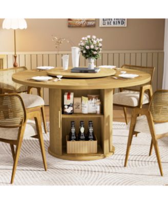 55" Round Dining Table for Six with Storage Rack & Rotating Tray Natural