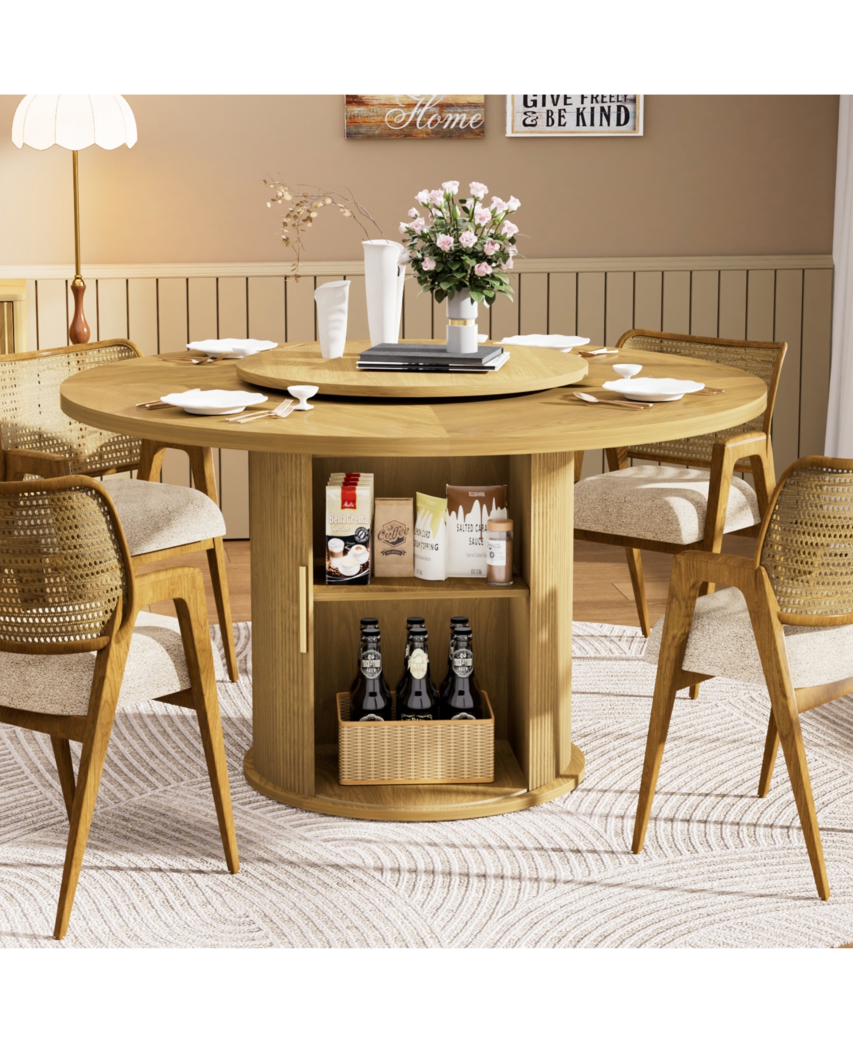 Streamdale Furniture 55" Round Dining Table for Six with Storage Rack & Rotating Tray Natural