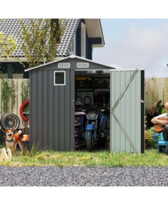  6x8FT Outdoor Steel Storage Shed with Clear Window &amp; Lockable Doors, Dark Gray