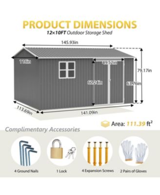 12x10 FT Outdoor Storage Shed Metal, Large Garden Tool Sheds with Lockable Doors, Grey