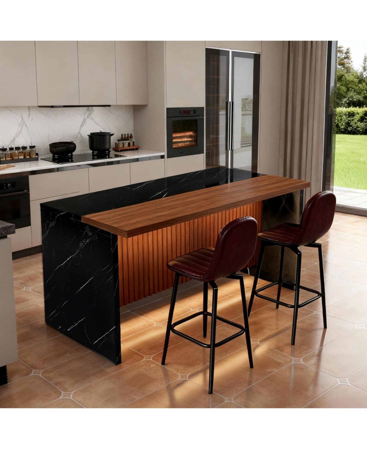 Streamdale Furniture 63-inch Modern Kitchen Island Set with 2 Bar Stools - Black Marble Look, Led Lighting & Grill