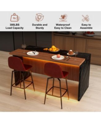  63-inch Modern Kitchen Island Set with 2 Bar Stools - Black Marble Look, LED Lighting & Grill
