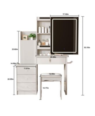  Vanity Desk Set with Lighted Mirror, 4 Drawers, 9 Storage Spaces & Stool, White