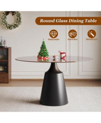 35" Round Mid-Century Modern Pedestal Dining Table with Black Glass Top