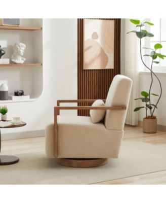 Modern Upholstered Swivel Accent Chair with Solid Wood Armrests - Beige