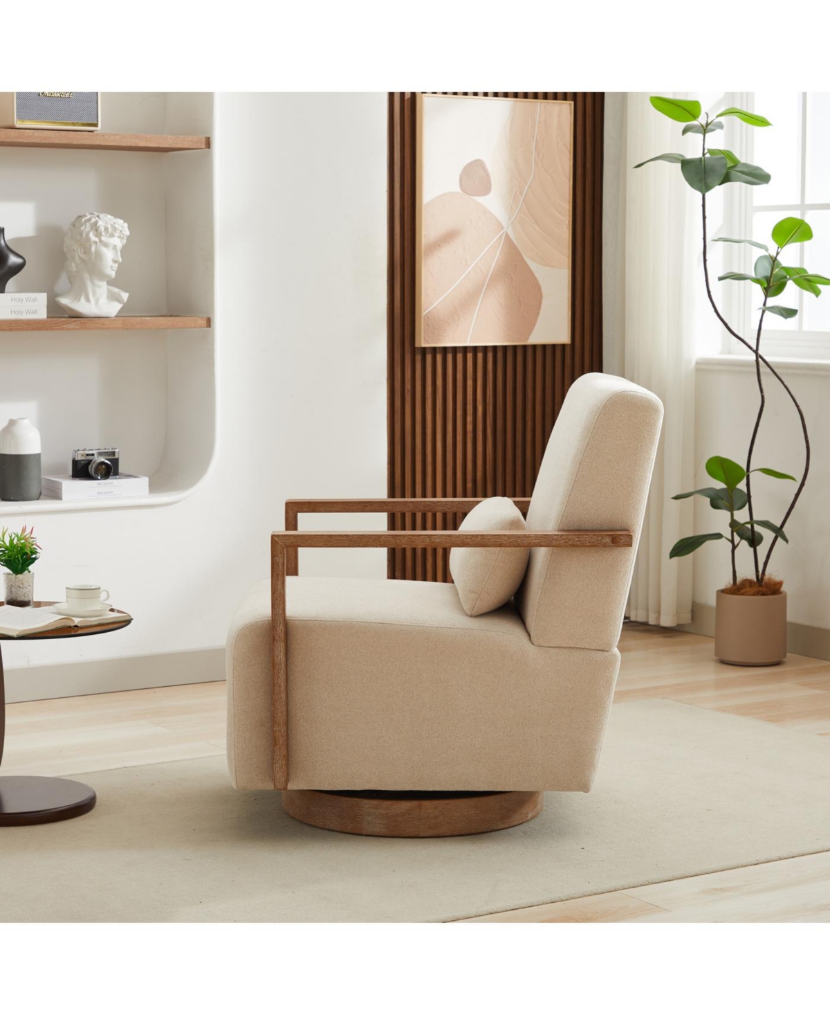 Streamdale Furniture Modern Upholstered Swivel Accent Chair with Solid Wood Armrests - Beige